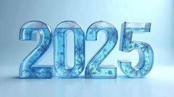 3D rendering of the year 2025, featuring shiny blue numbers resembling ice or frosted glass. New year and the sense of transition and renewal. photo