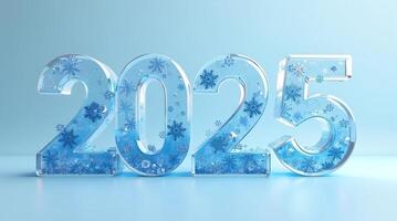 A 3D rendering of the year 2025, depicted in transparent blue glass with an intricate frosty, snowflake-like pattern inside. Ideal for New Year's Eve themes, futuristic concepts, winter campaigns photo