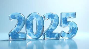 3D rendering of the year 2025 crafted from clear blue ice with delicate snowflakes encased inside. The translucent ice numbers with trapped snowflakes create a beautiful and intricate design. photo