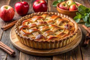 Appetizing and fragrant apple pie on a table, next to fresh apples, autumn, breakfast, dessert, seasonal dishes photo