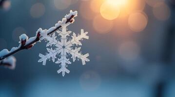 A close-up image of a snowflake perched delicately on a branch during the winter season. Christmas blurred background. Winter concept. photo
