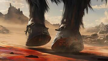 Epic Dark Landscape Featuring Hooves Near a Dramatic Fiery Background at Dusk photo