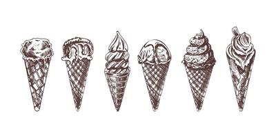 Hand-drawn vintage ice cream cones in sketch style vector