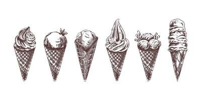 Hand-drawn vintage ice cream cones collection in sketch style vector