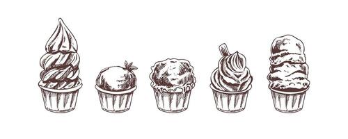 Vintage hand-drawn ice cream cups sketch collection in retro style vector
