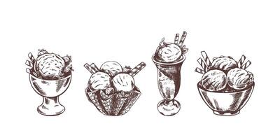 Hand-drawn vintage ice cream scoops and sundaes in bowls sketch vector