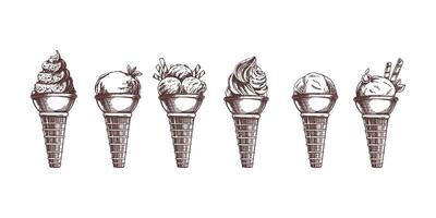 Hand-drawn vintage ice cream cones sketch with scoops and swirls vector
