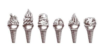 Hand-drawn vintage ice cream cones in sketch style collection vector