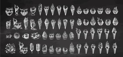 Big hand-drawn sketch of ice cream or frozen yoghurt in waffle cups and cones, milkshakes, ice cream on a stick, cookies on chalkboard background. Element for labels, packaging and postcards. Sweet. vector