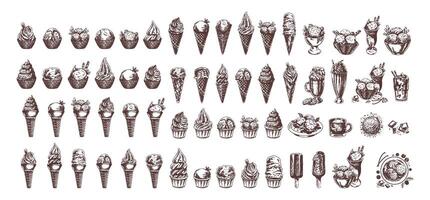 Big hand-drawn sketch of ice cream or frozen yoghurt in waffle cups and cones, milkshakes, ice cream on a stick, cookies. Element for labels, packaging and postcards. Sweet food. vector