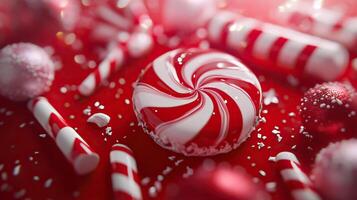 Delicious and Festive Holiday Treats and Candies Set Against a Bright Red Background photo