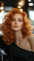 Stunning Redhead Model with Beautiful Curly Hair Posing Gracefully in a Modern Setting photo