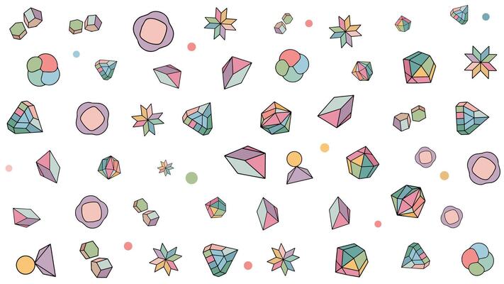 Abstract geometrical shapes with stones and gems, colorful illustration.