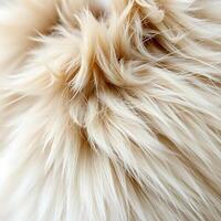 A detailed close-up of soft, fluffy beige fur, showcasing the intricate texture and natural patterns of the strands photo