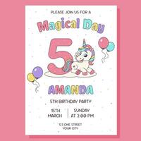 Birthday party invitation card with unicorn and birthday anniversary number. Unicorn concept. vector