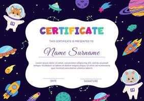 Space diploma, certificate with space elements and animals astronauts. vector