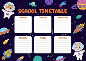 Space school timetable with space elements and animals astronauts. vector