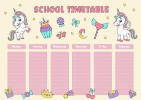 School timetable. Timetable with magic elements and unicorns. Unicorn concept. vector