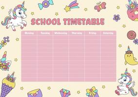 Unicorn school timetable. Timetable with magic elements and unicorns. vector