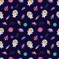 Space seamless pattern with space elements and animal astronaut fox. vector