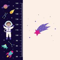 Space height chart for children with space elements and boy. vector
