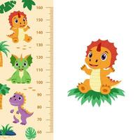 Dinosaur height charts. Set of height charts with dinosaurs and tropical plants. vector