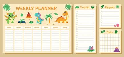 Dinosaur set of weekly planner, to do list, goals and notes. Set with dinosaurs and tropical plants. vector