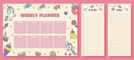 Unicorn set of weekly planner, to dolist and notes. Planners with magic elements and unicorns. vector