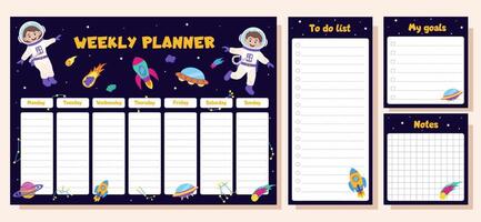 Weekly planner, to do list, goals and notes. Set with space elements and children astronauts. Space concept. vector