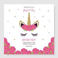 Unicorn birthday party invitation, greeting card. Invitation with unicorn elements and roses. vector