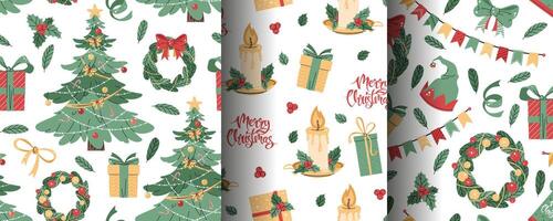 Set of seamless patterns with Christmas tree, candle, wreath and gifts. holiday texture in flat style. Merry Christmas and Happy New Year. Suitable for wallpaper, wrapping paper, fabric, etc. vector