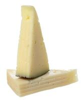 Stack of triangle pieces of cheese on isolated background photo