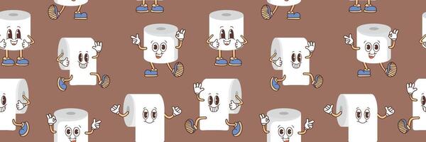 Seamless pattern of toilet paper rolls in different positions. Brown poop illustration. Toilet and bathroom element. Hygiene and sanitation. Background of the color of the year 2025 Mocha Mousse. vector