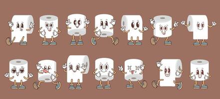 Set of toilet paper rolls in different positions. Illustration of brown poop. Toilet and bathroom element. Hygiene and sanitation. Background of the color of the year 2025 Mocha Mousse. vector
