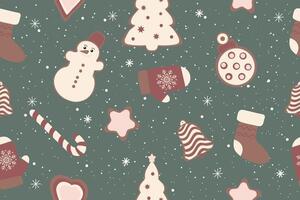 Winter seamless pattern with Christmas figures, gingerbread cookies. Christmas trendy repeating texture for surface design, wallpaper, fabric, wrapping paper etc. . vector
