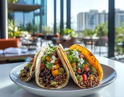 Photo of three quinoa tacos on an elegant plate, presented in front of floor-to-ceiling windows with the city skyline visible outside