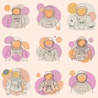 Set of astronaut in various poses in outer space. Spaceman galaxy exploration. Hand darw illustration vector