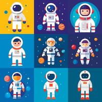 Set of astronaut in various poses in outer space. Spaceman galaxy exploration. Black and white style. Cartoon style illustration vector