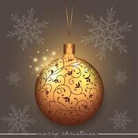 Hanging Christmas tree ornament with a line and flower pattern design on a brown background with snowflakes. vector