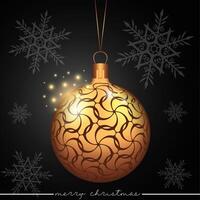 Decoratively designed bauble with a line pattern, set against a black background adorned with snowflakes. vector