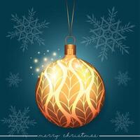 Glistening realistic Christmas bauble featuring a leaf pattern design, set against a blue background. vector