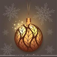 Glistening realistic Christmas bauble featuring a leaf pattern design, set against a brown background. vector