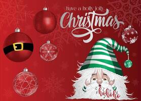 A charming and lovable gnome in a green striped suit with Christmas baubles in the background. vector