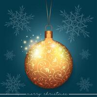 Hanging Christmas tree ornament with a line and flower pattern design on a blue background with snowflakes. vector