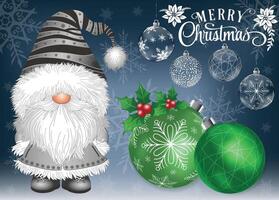 A charming and lovable gnome in a gray Santa suit set against a snowy backdrop. vector