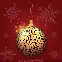 Decoratively designed bauble with a line pattern, set against a red background adorned with snowflakes. vector