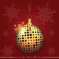 Illustration of a golden Christmas ornament featuring a dotted pattern design, set against a red background with snowflakes. vector