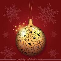 Hanging Christmas tree ornament with a line and flower pattern design on a red background with snowflakes. vector