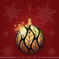 Glistening realistic Christmas bauble featuring a leaf pattern design, set against a red background. vector