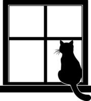 black silhouette of a cat looking out the window without background vector